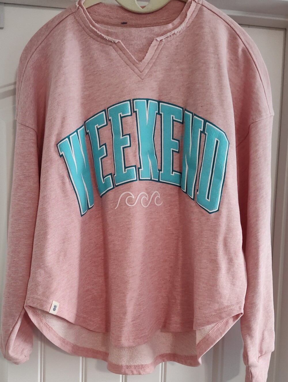 Simply Southern Pink Crewneck with Teal WEEKEND Graphic S